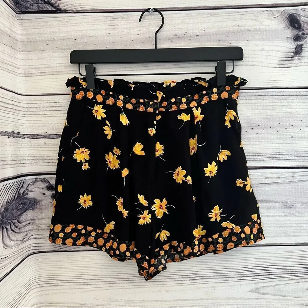 TOPSHOP Black & Yellow Floral High Waisted Shorts Size 4